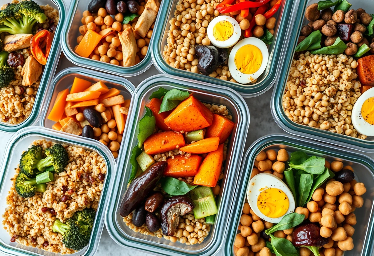 A selection of vibrantly colored, nutrient-rich portable power bowls featuring various grains, roasted vegetables, and lean proteins, symbolizing wholesome lunch ideas for busy mothers.