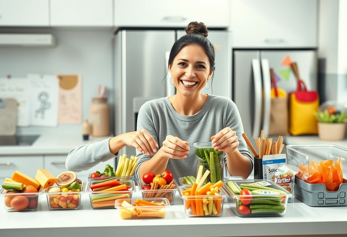 A busy mom smiling while packing various easy, healthy, grab-and-go snacks for her family into reusable containers on a kitchen counter.
