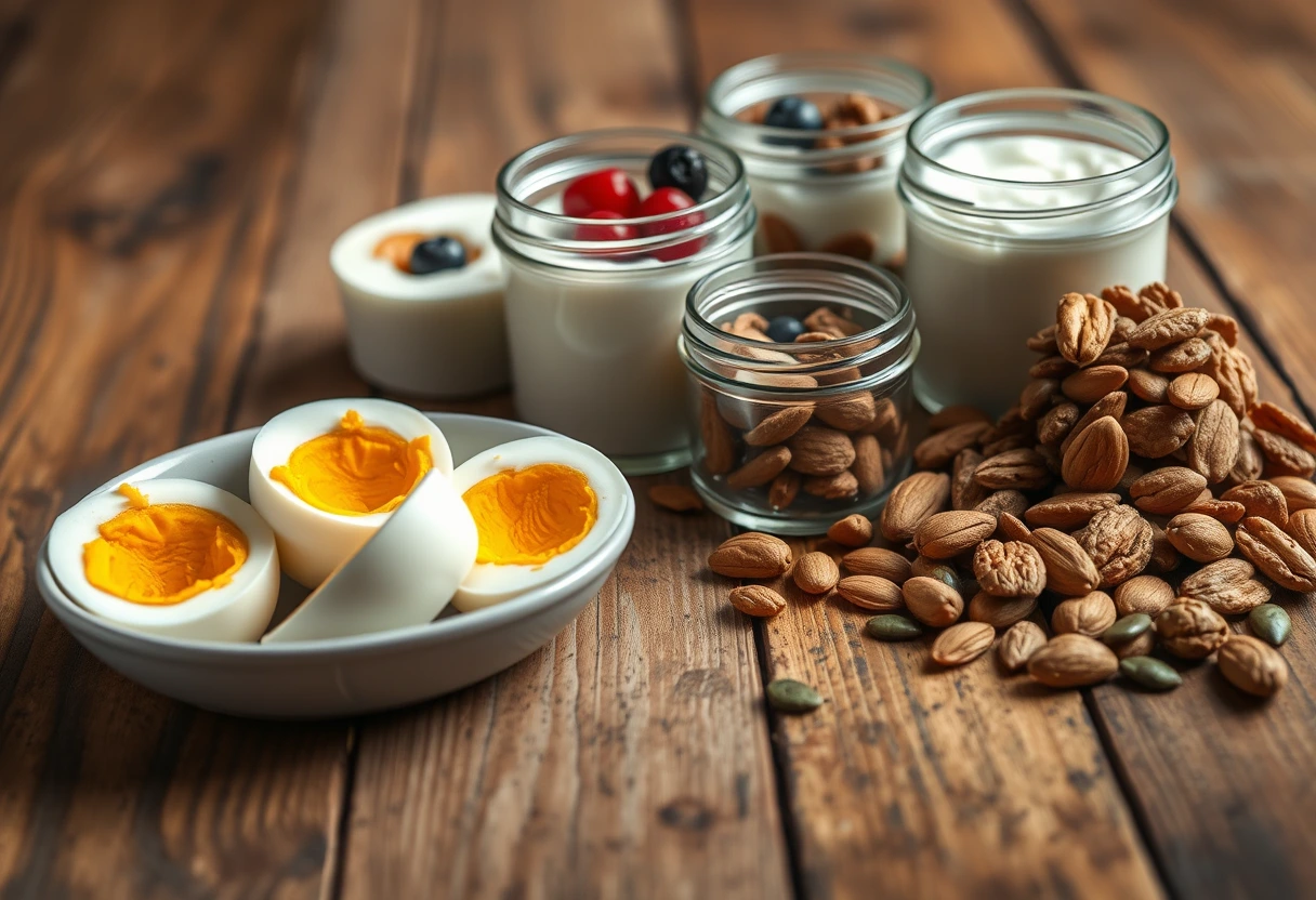 A variety of protein-packed grab-and-go snacks, including hard-boiled eggs, small containers of Greek yogurt, and individual portions of mixed nuts, neatly arranged on a counter.