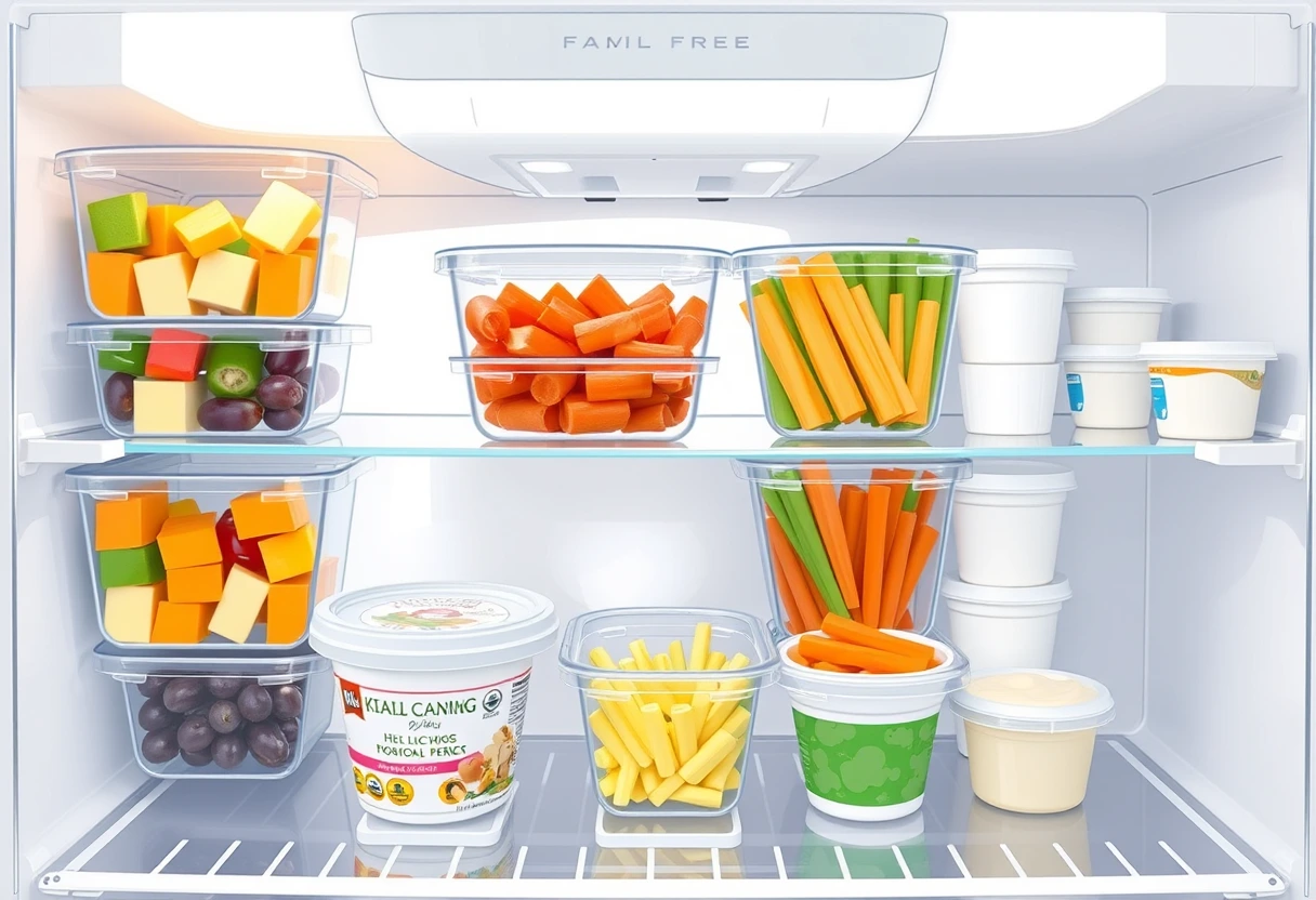 An organized refrigerator shelf filled with pre-prepped, easy grab-and-go snacks in clear, reusable containers, showcasing various fruits, vegetables, and yogurt cups.