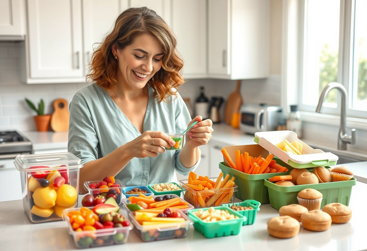 A busy mother quickly packing easy grab-and-go snacks for her kids into small, colorful containers, with a variety of fruits, veggies, and healthy bites laid out on a kitchen counter.