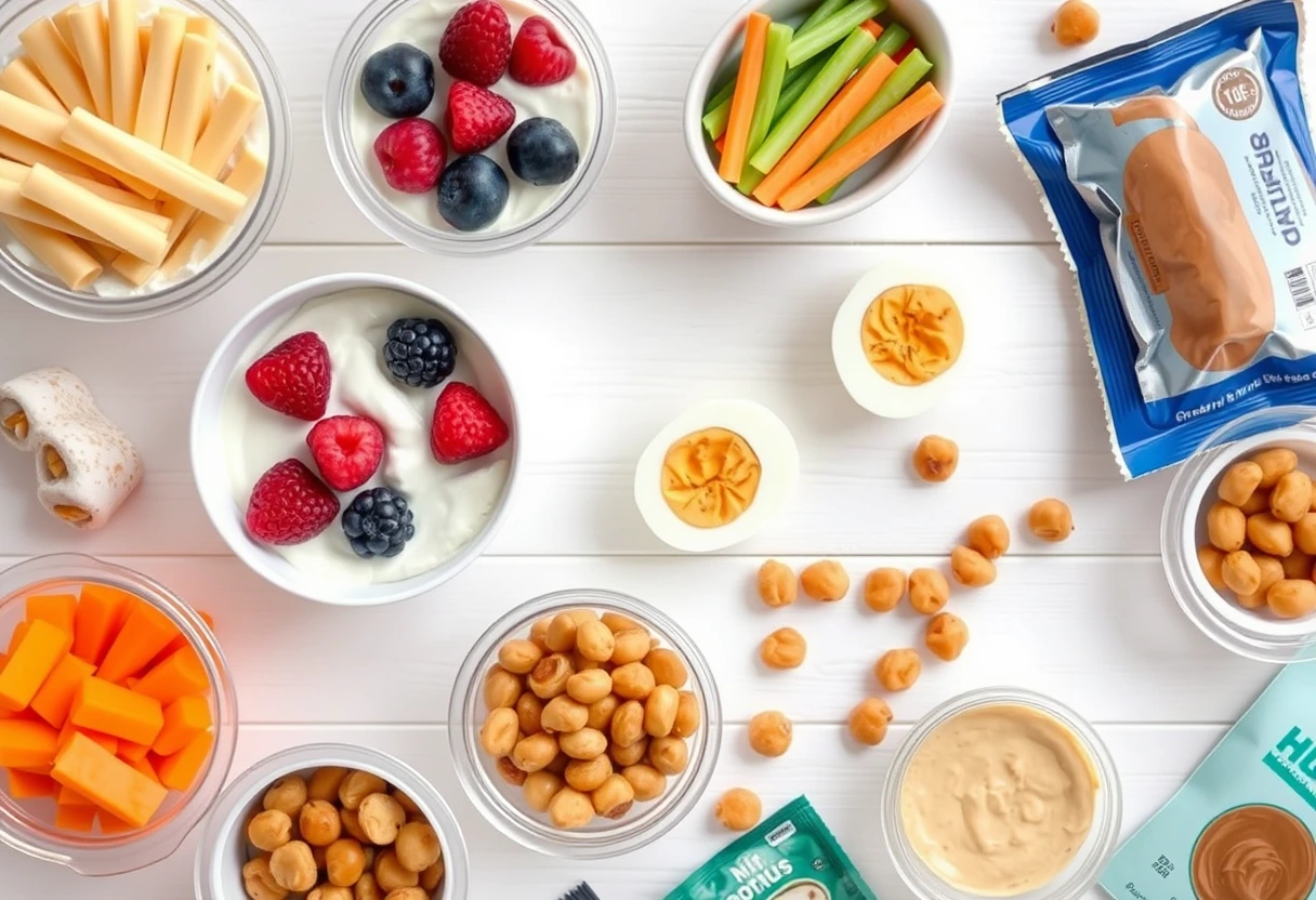 An assortment of protein-rich, easy grab-and-go snacks for kids, including individual portions of Greek yogurt, cheese sticks, hard-boiled eggs, and small containers of hummus with veggie sticks.