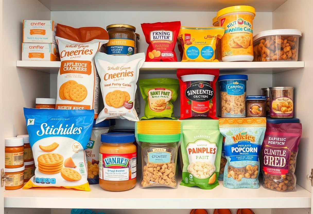 A neatly organized pantry shelf featuring various easy grab-and-go snacks for busy kids, including whole-grain crackers, applesauce pouches, single-serving nut butter packs, and small bags of popcorn, all ready for quick retrieval.