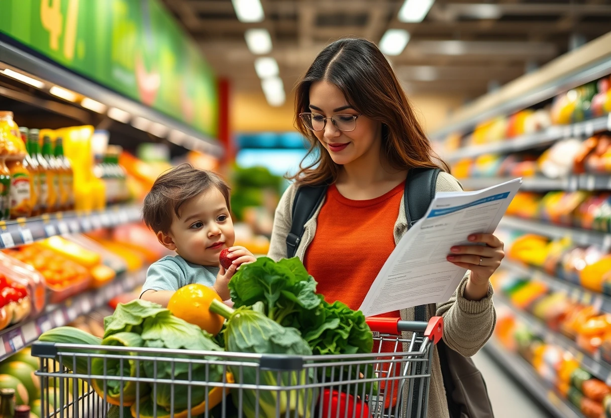 A busy mom efficiently grocery shopping with her young child, holding a list and filling a cart with fresh produce for easy healthy recipes for busy moms and families.