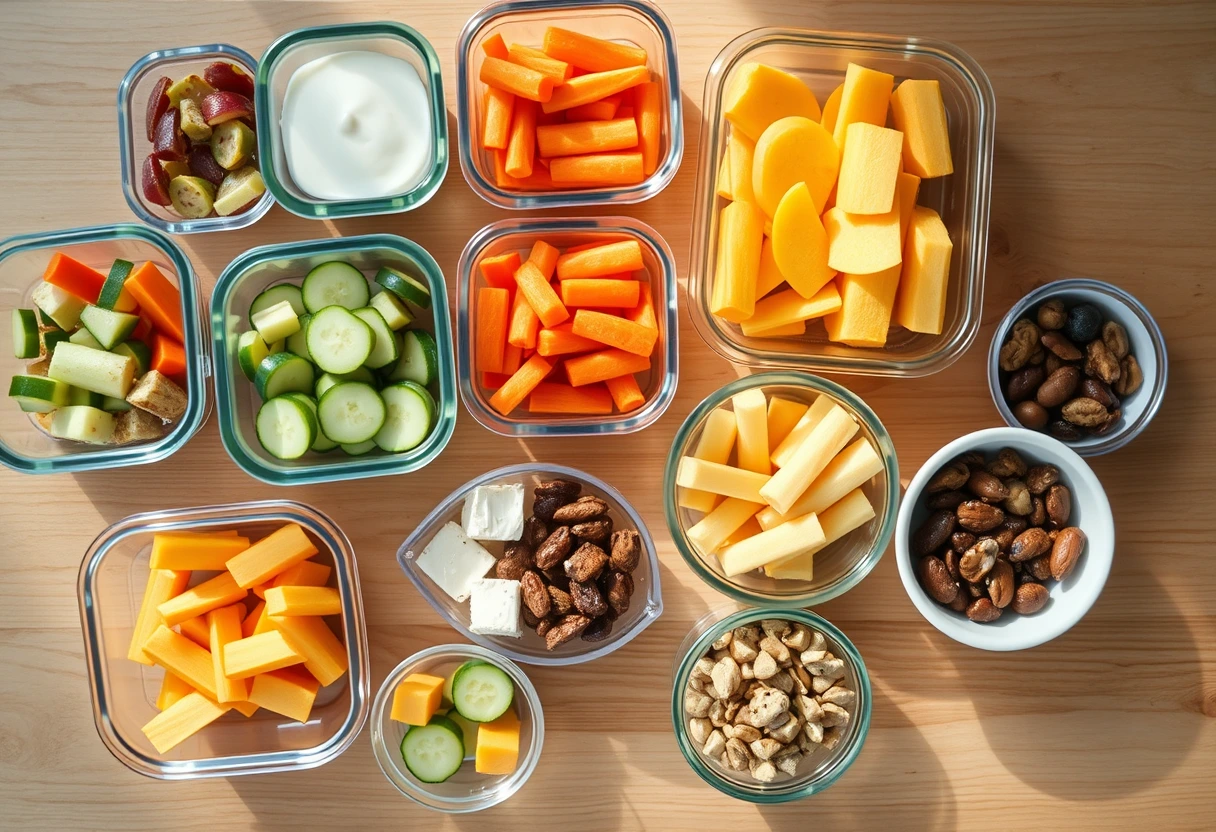 An assortment of healthy and easy-to-grab snacks for busy families, including fruit slices, veggie sticks, and yogurt, all neatly arranged.