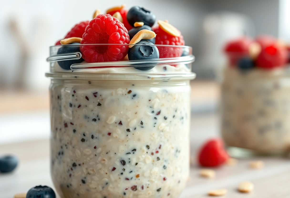 A glass jar filled with overnight oats, topped with fresh berries, nuts, and a drizzle of honey, suggesting a fulfilling and healthy morning meal.