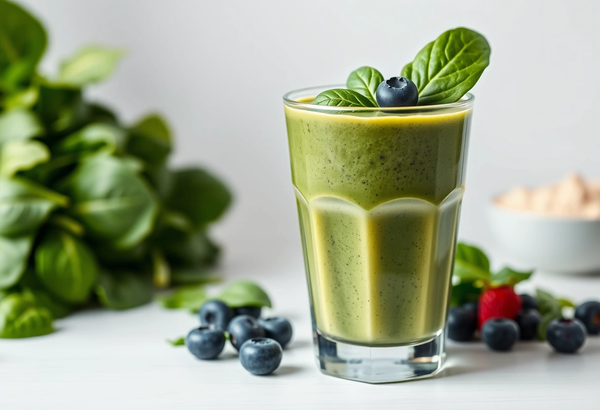 A vibrant green protein smoothie in a glass, garnished with fresh berries, sitting on a wooden table, emphasizing a healthy and quick meal.