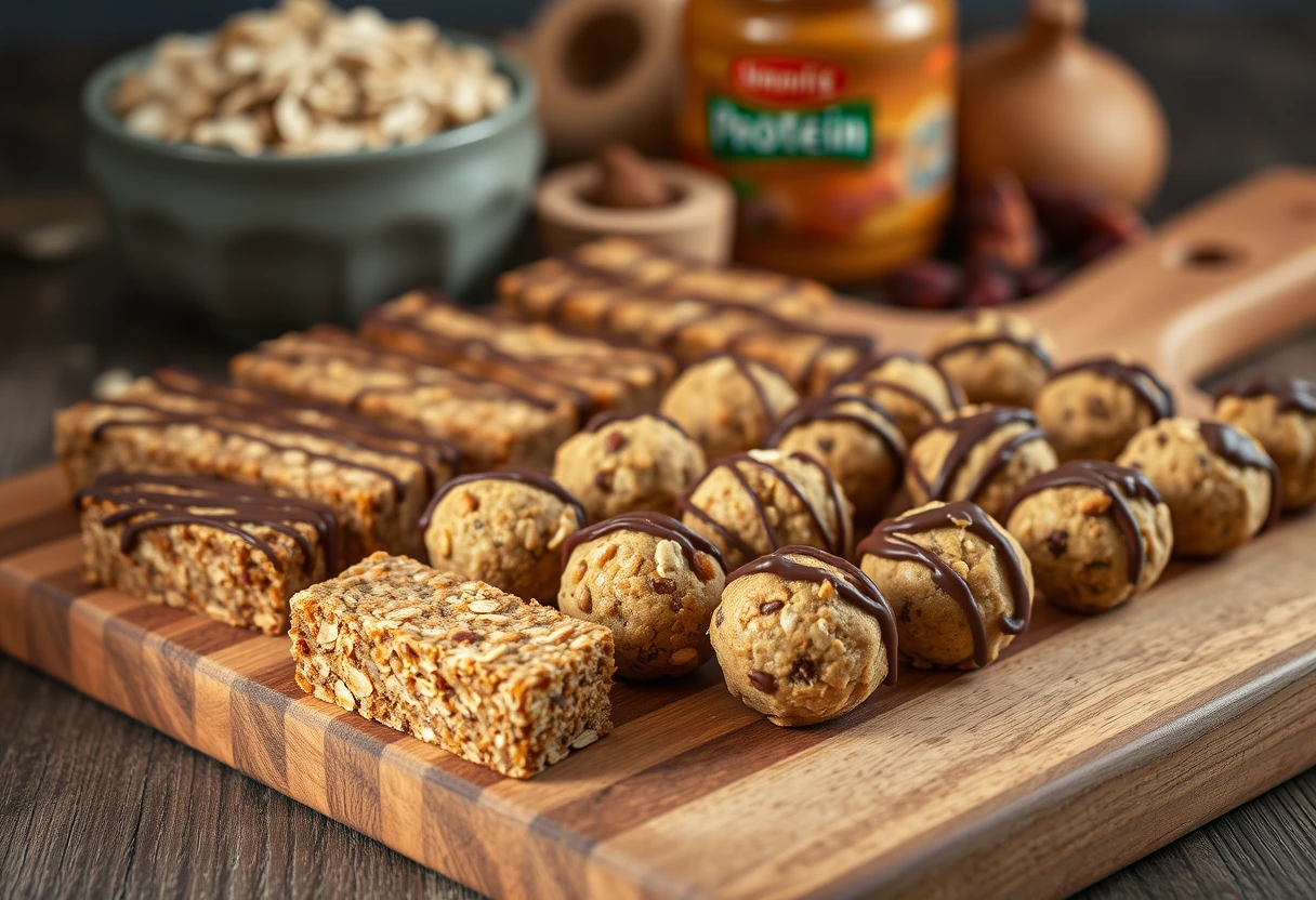 Assorted homemade protein bars and energy bites arranged on a cutting board, ready for a healthy grab-and-go morning meal.