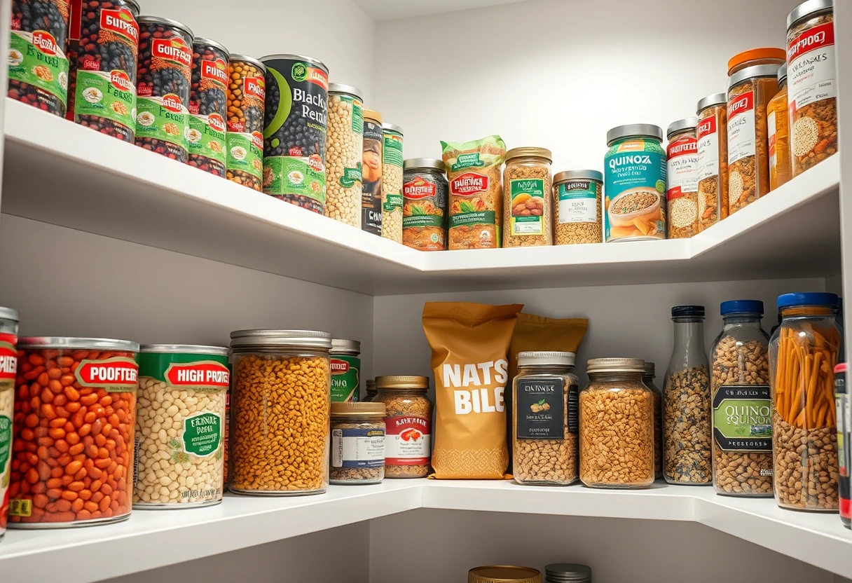A well-organized pantry with shelves stocked with various protein-rich staples like canned beans, lentils, pasta, and nuts, suggesting easy high-protein meal preparation.