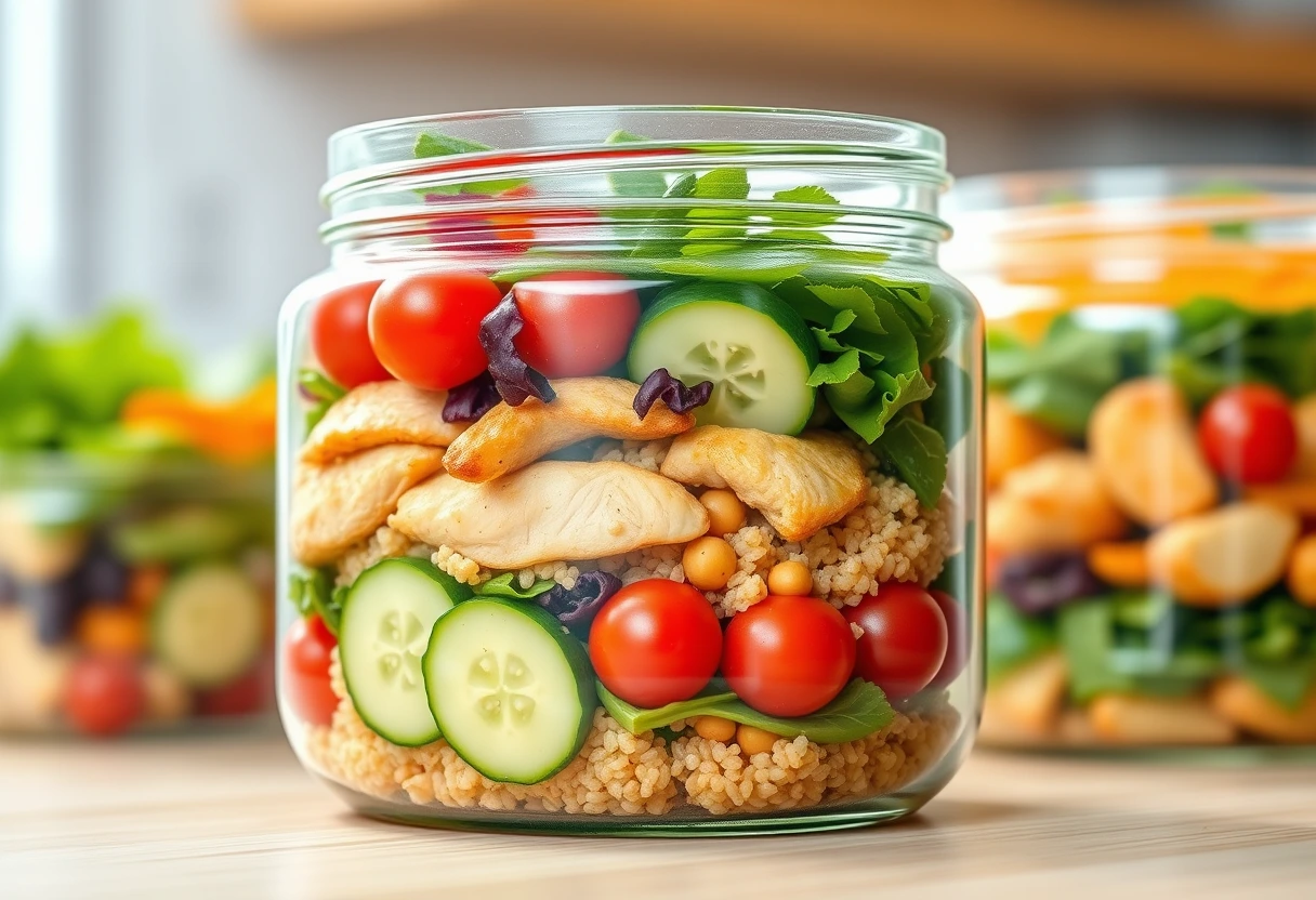 A vibrant salad in a glass jar, layered with grilled chicken, quinoa, chickpeas, and fresh vegetables, representing quick high-protein meals for busy individuals.