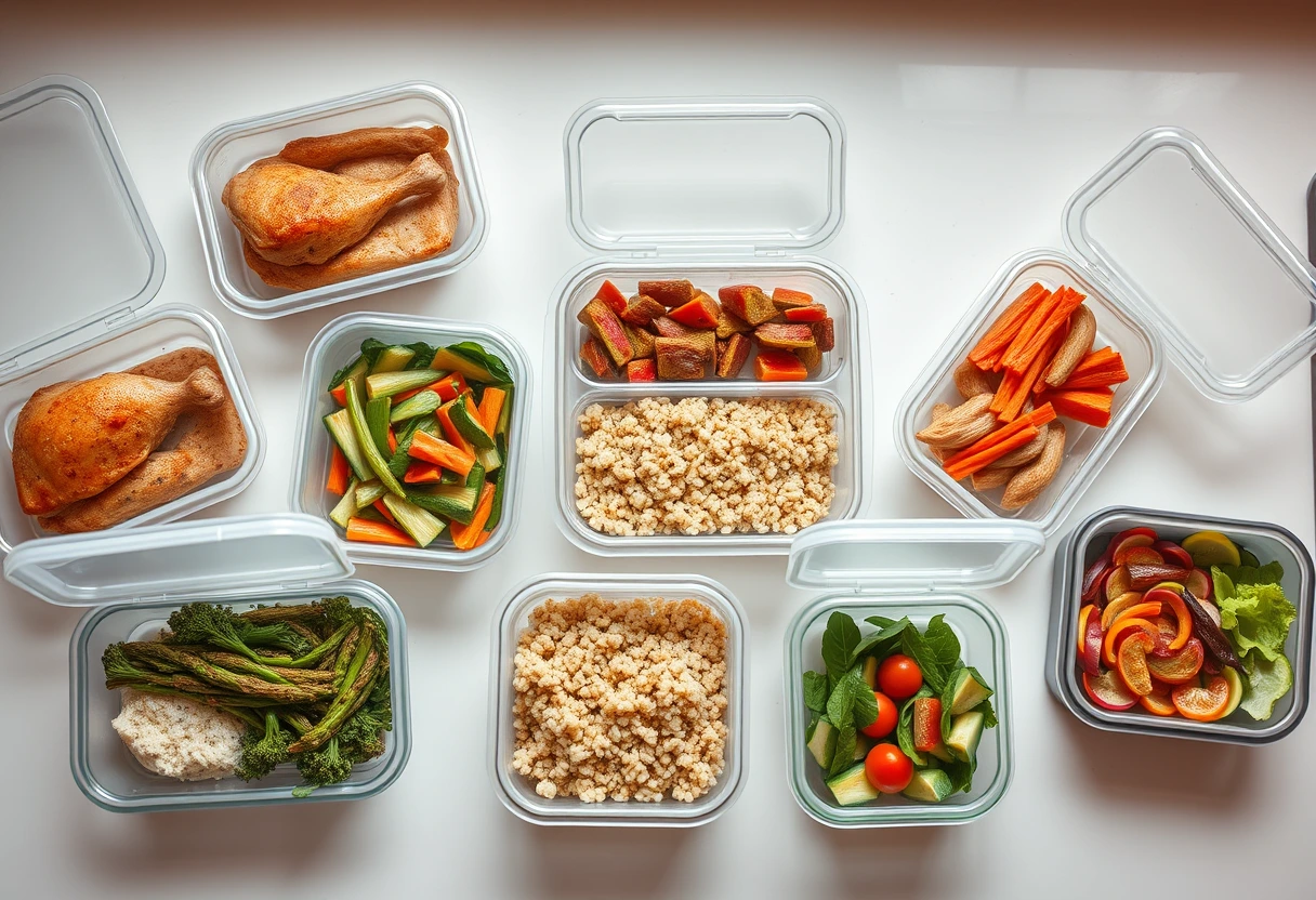 A selection of meal prep containers filled with various easy high-protein meals, neatly arranged on a kitchen counter, showcasing efficient meal planning.