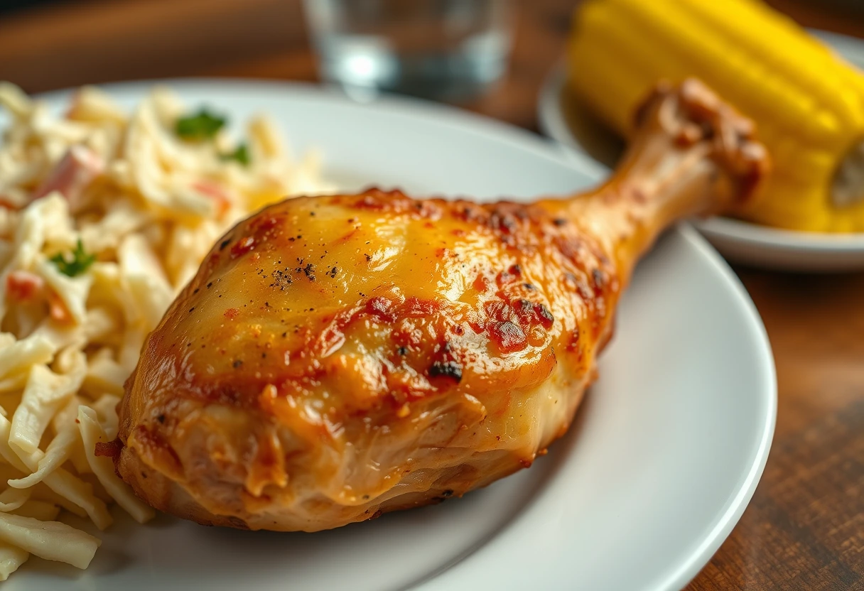 A golden-brown baked chicken drumstick on a plate, with a side of coleslaw and a corn on the cob, illustrating an easy KFC-inspired chicken meal for busy families.