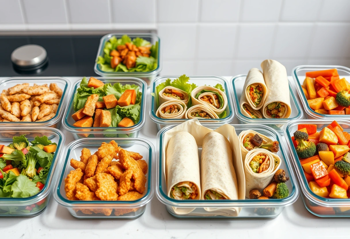 A vibrant and diverse meal prep spread featuring containers with various dishes: crispy chicken strips, fresh salad, whole grain wraps, and colorful vegetable sides, perfect for quick family dinners.