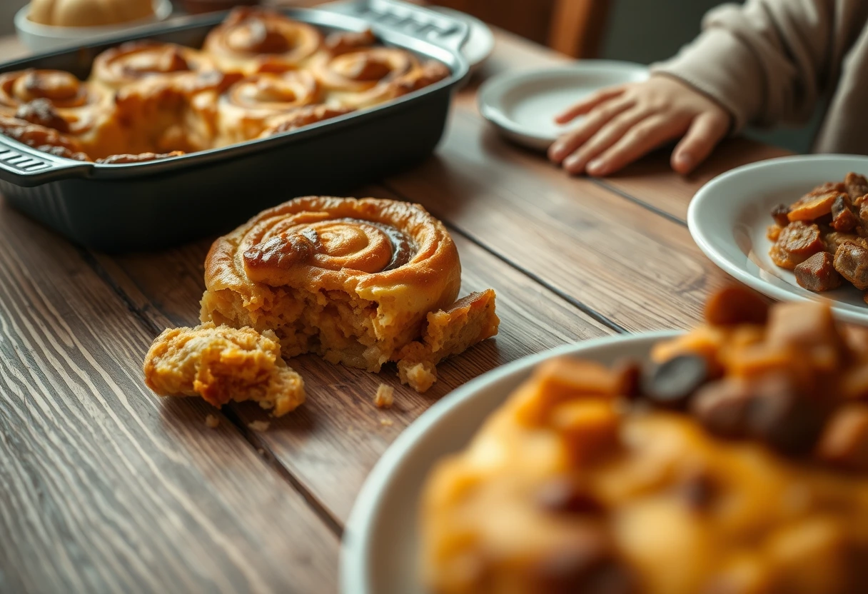 A family enjoying easy kid-friendly Thanksgiving morning breakfast, featuring an overnight cinnamon roll casserole and sweet potato and sausage breakfast bake on a rustic table.