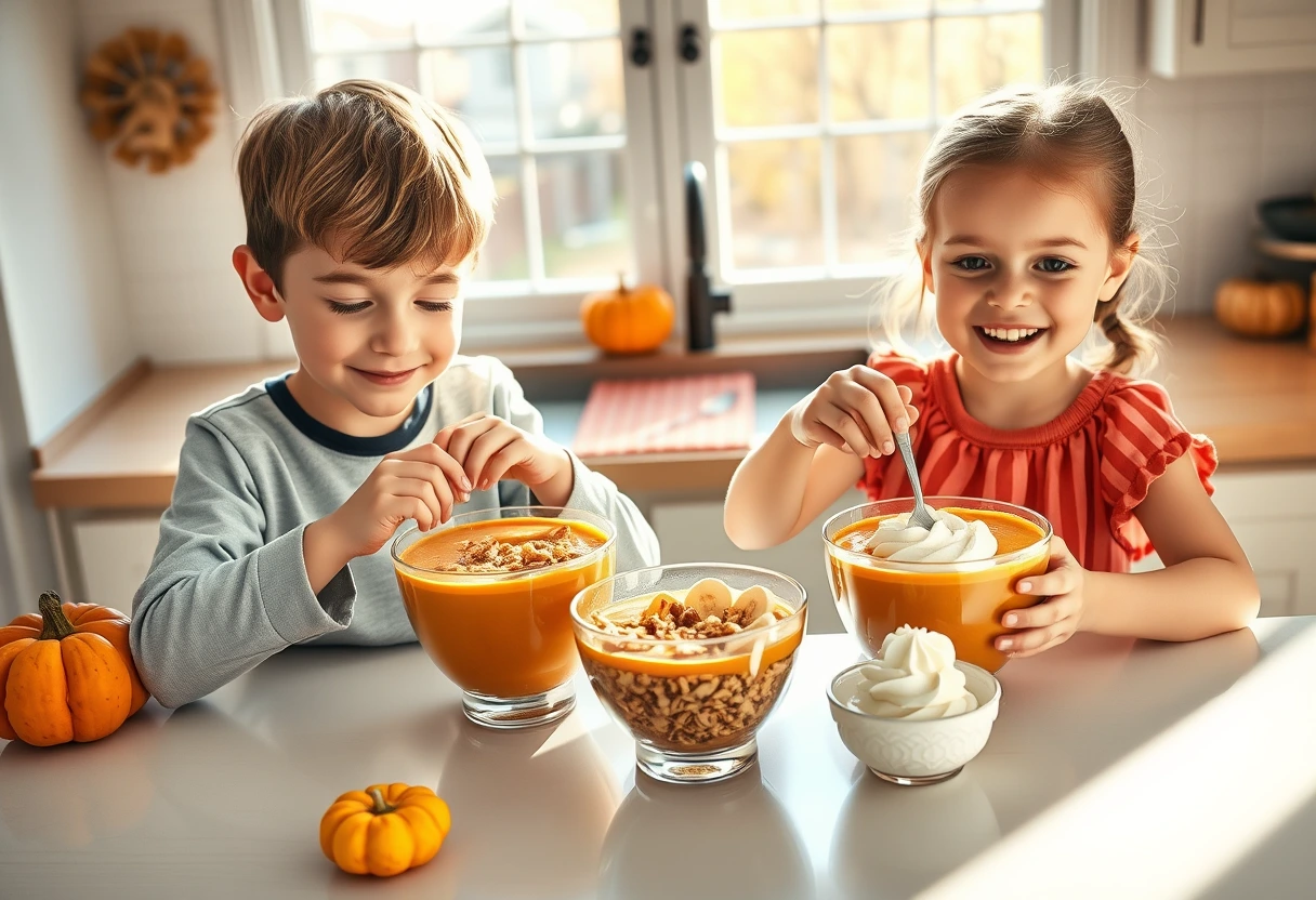 Children happily decorating turkey-shaped fruit parfaits and pumpkin pie smoothie bowls, showcasing creative breakfast ideas for a kid-friendly Thanksgiving breakfast.