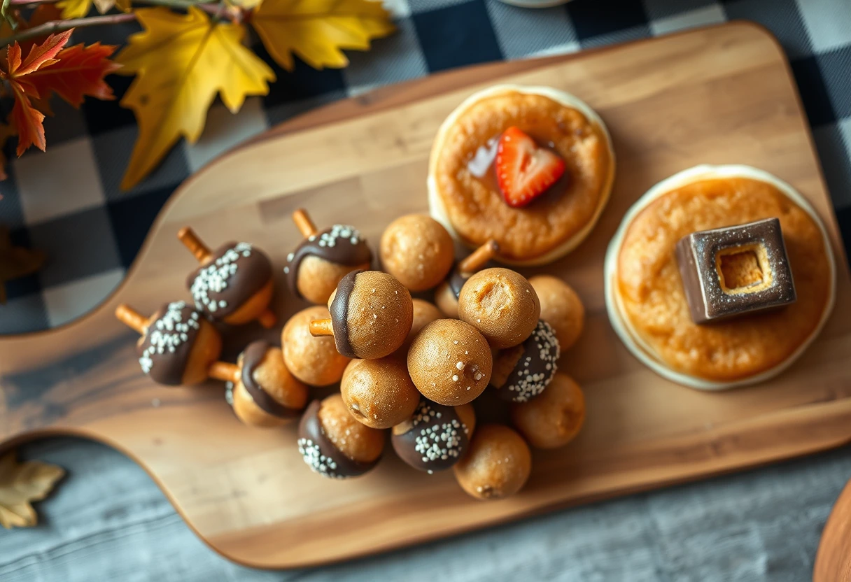 A close-up of acorn donut holes with chocolate drizzle and pilgrim hat pancakes, showcasing fun and festive touches for a kid-friendly Thanksgiving morning meal.