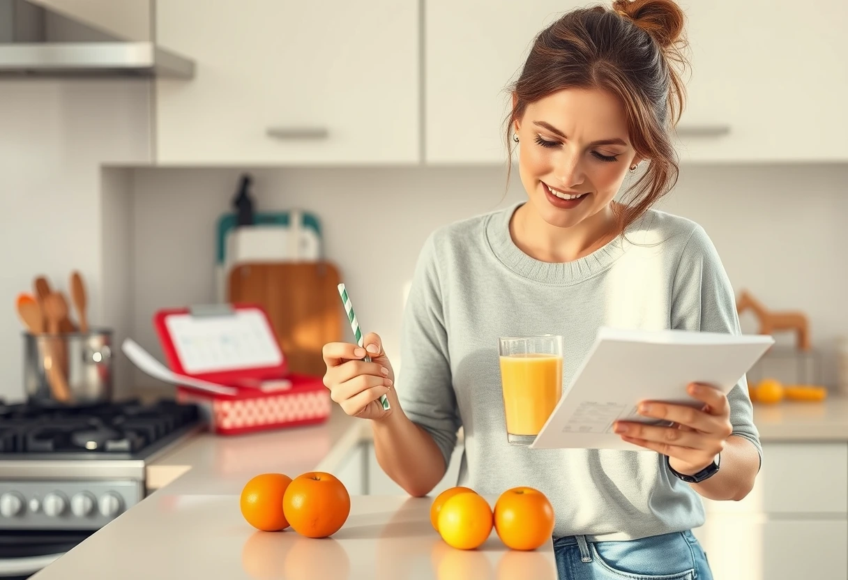 A busy mom smiling while enjoying a quick, healthy smoothie on her kitchen counter, with a calendar and child's drawing in the background, symbolizing easy light breakfasts for weight-conscious moms.