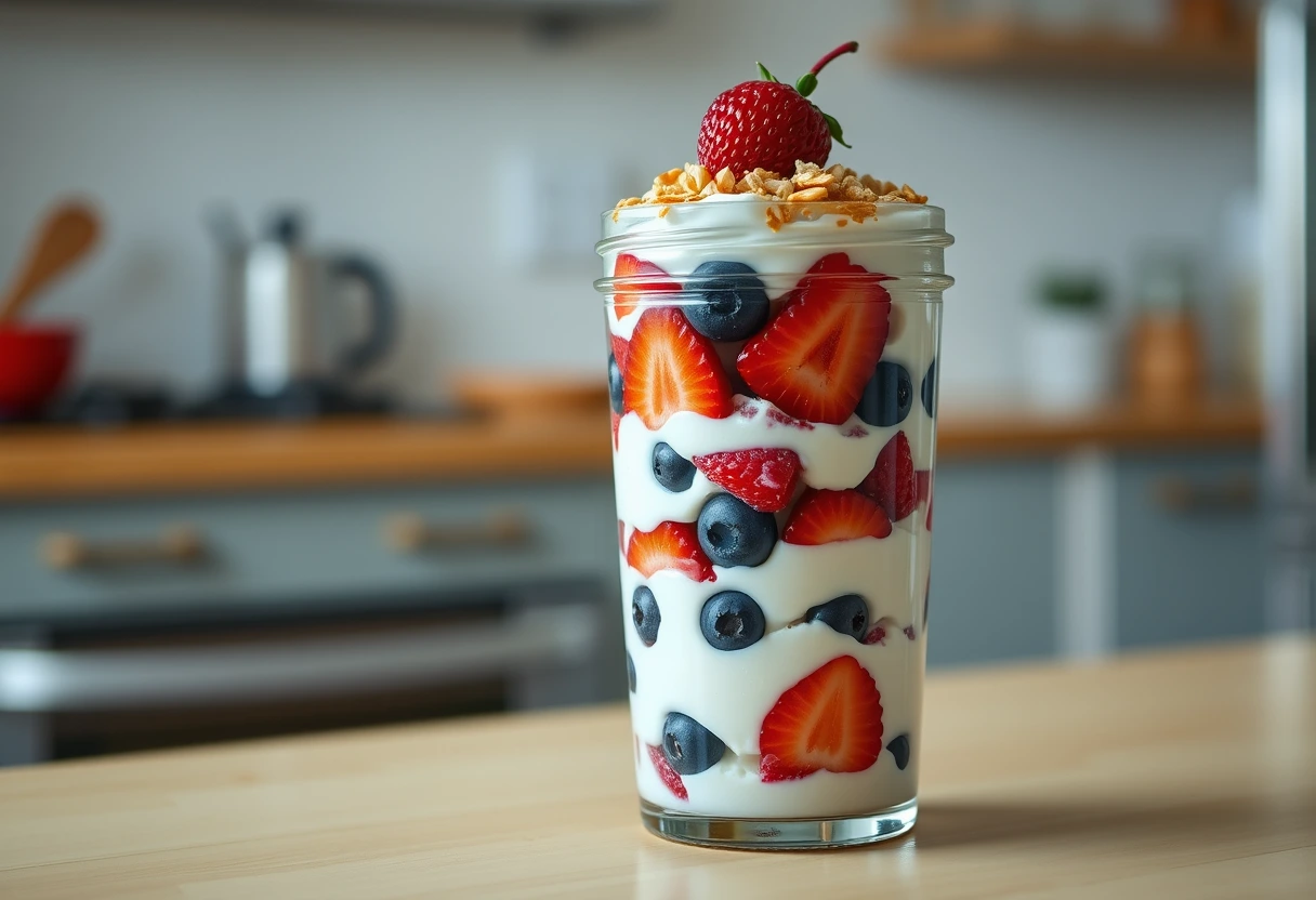 A vibrant green smoothie in a glass next to a fresh fruit bowl, symbolizing a refreshing and healthy option for easy light breakfasts for weight-conscious moms.