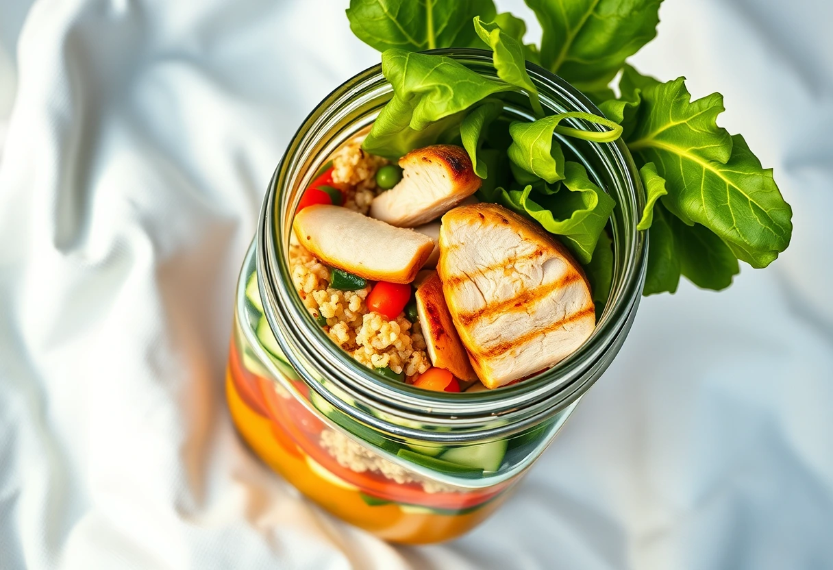 A vibrant, fresh salad stored in a clear mason jar with layers of dressing, vegetables, and protein, ready for a busy mom to grab as an easy meal she can prep anywhere.