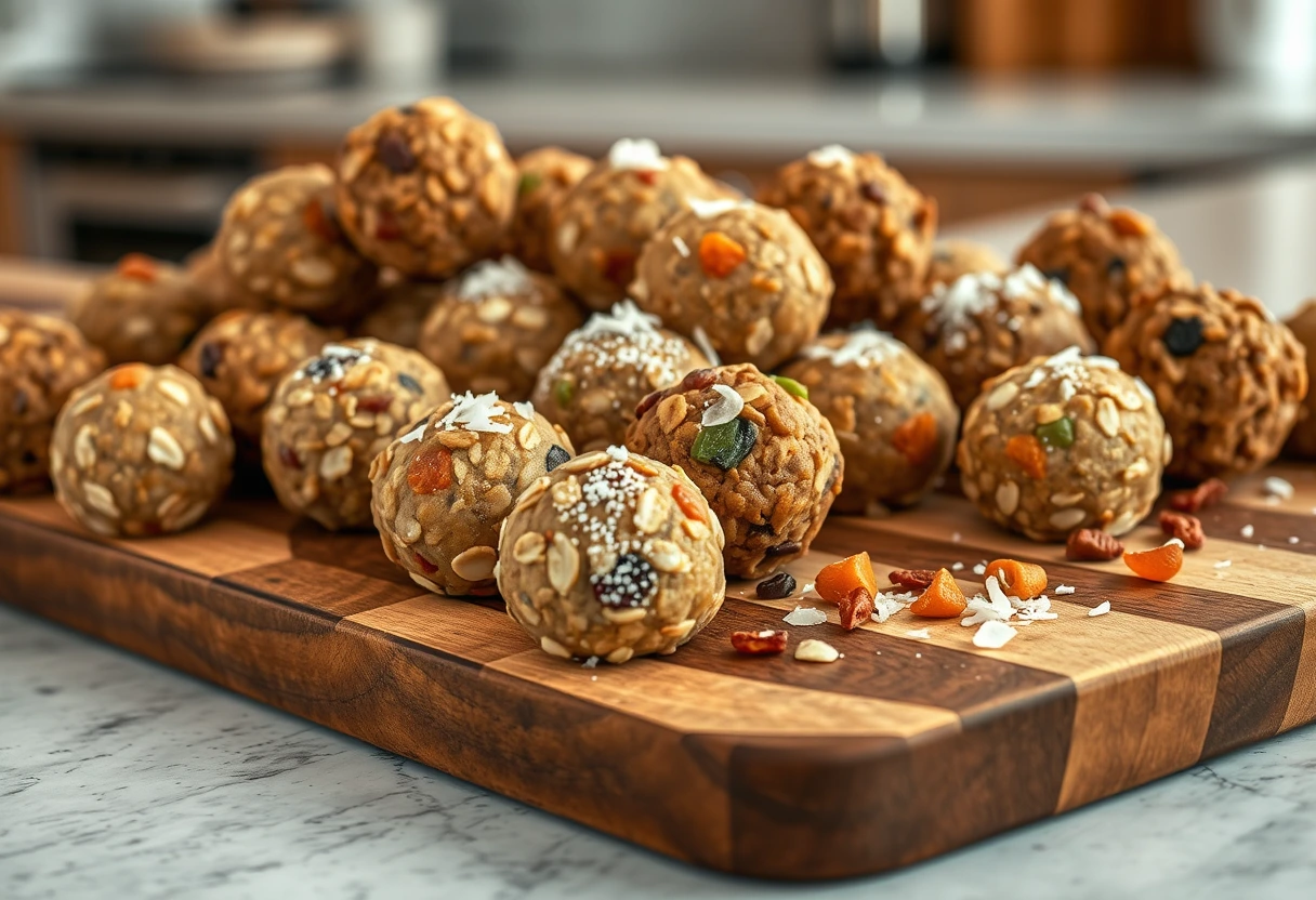 A close-up shot of a variety of homemade, colorful energy bites, artfully arranged on a wooden board, showcasing an easy meal you can prep anywhere as a healthy snack option.