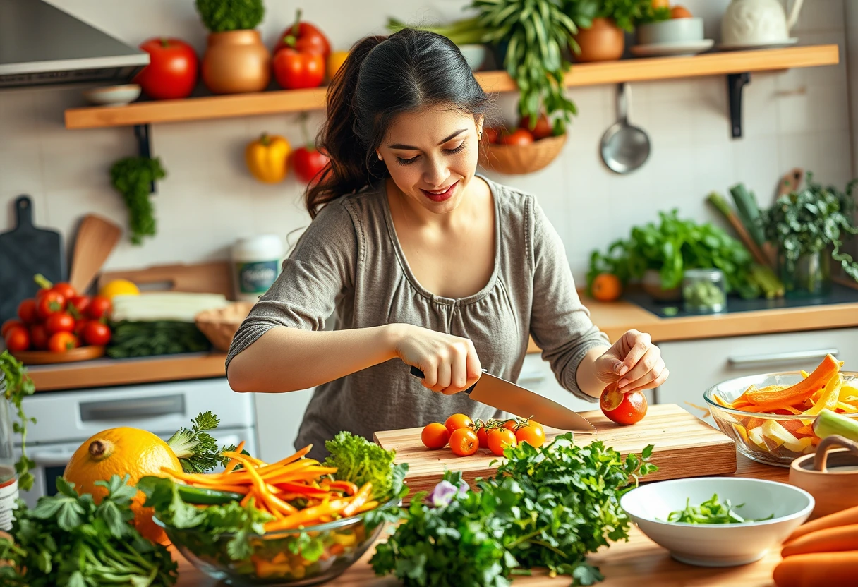 A busy young mother quickly preparing a vibrant, nutritious vegetarian dinner in her kitchen, surrounded by fresh vegetables and herbs, highlighting the ease of making easy meatless meals for busy families.