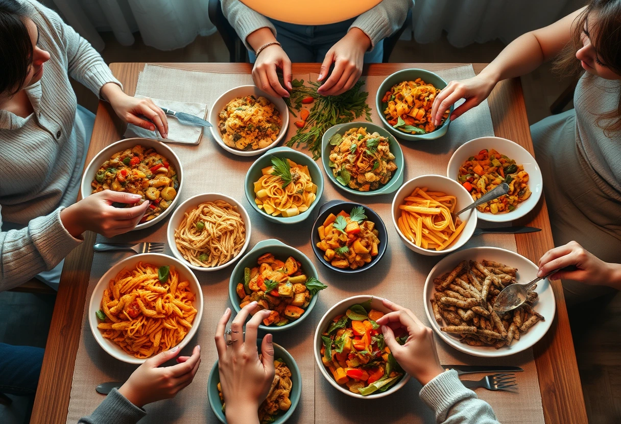 A family enjoying a delicious spread of various easy meatless meals on their dining table, featuring colorful dishes like pasta, stir-fry, and roasted vegetables, illustrating joyful family dining with quick vegetarian options.