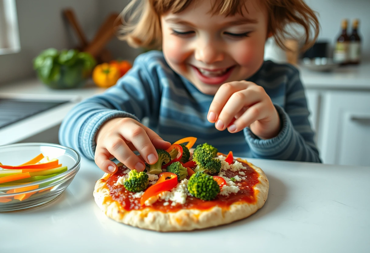 A child happily adding toppings to their personal mini-pizza, featuring a vibrant array of vegetables and cheese, showcasing fun and interactive easy meatless meals for busy families that are also kid-friendly vegetarian options.