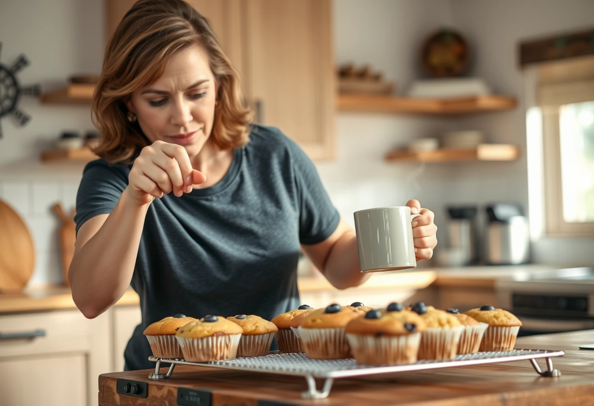 A busy mom quickly grabbing a freshly baked, wholesome blueberry muffin from a cooling rack, with a steaming cup of coffee in the background, embodying easy morning meals for the family.