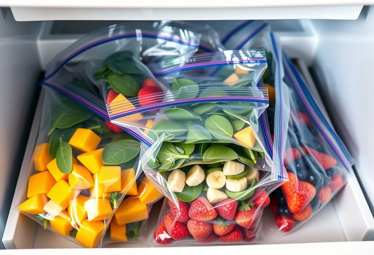 A collection of pre-portioned smoothie packs neatly arranged in a freezer drawer, each bag filled with colorful fruits and greens, symbolizing easy morning meals and healthy breakfast options for a busy family.