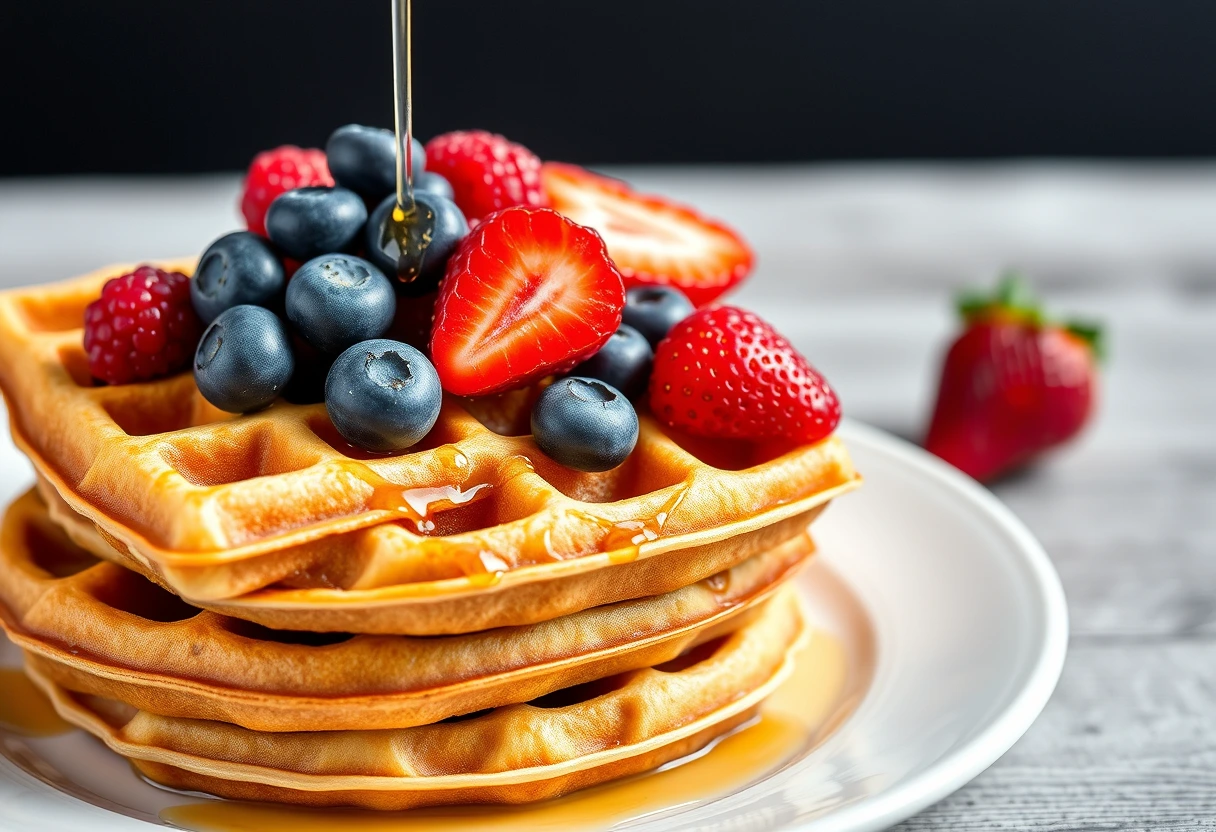 A stack of golden-brown whole-grain frozen waffles on a plate, topped with fresh berries, a drizzle of maple syrup, and a sprinkle of chia seeds, demonstrating healthy breakfast options for a busy family.