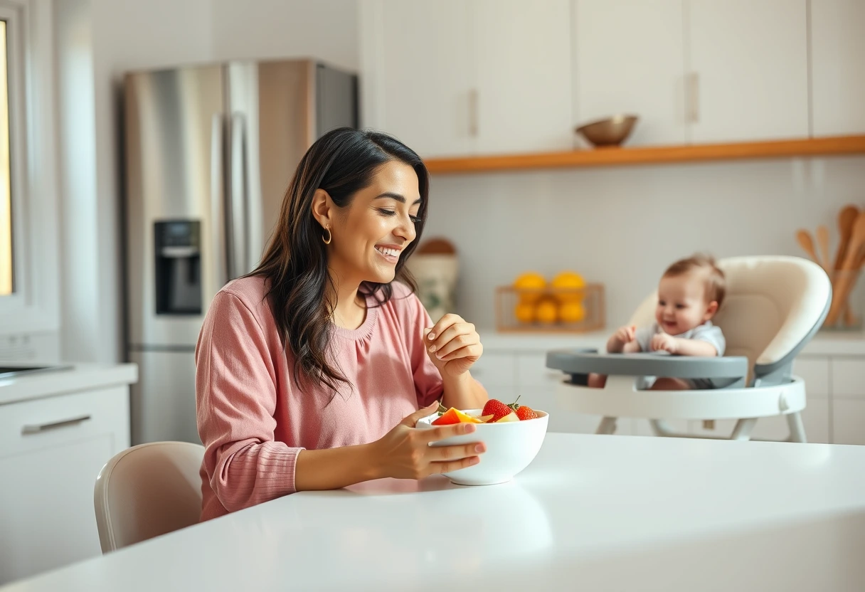 A new mother enjoying a healthy, easy breakfast while her baby plays nearby in a high chair. The meal includes elements suitable for easy morning meals for new moms and babies, like fruit and yogurt.