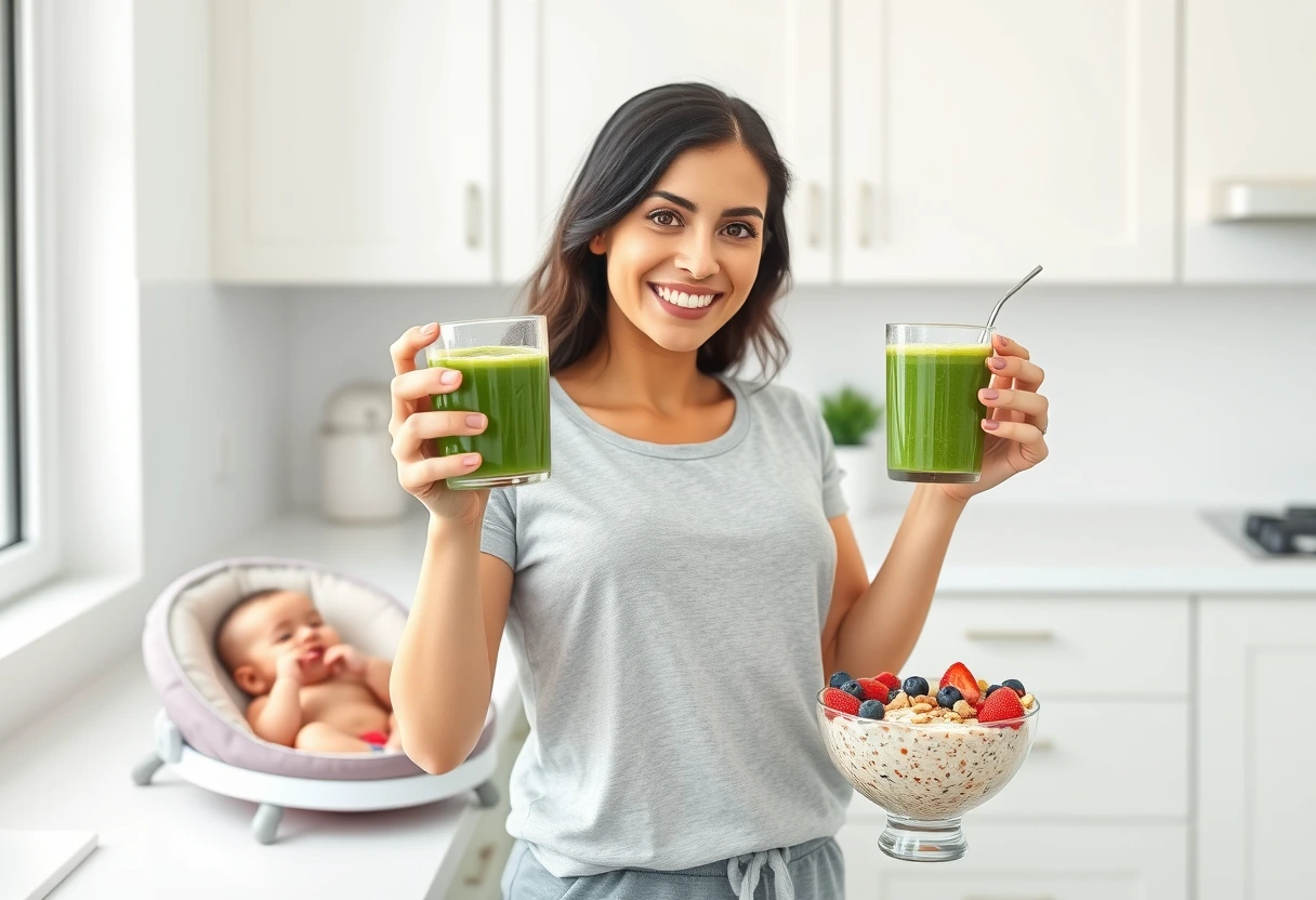 A smiling new mom sitting at a bright kitchen counter, effortlessly enjoying a bowl of colorful, easy morning meals while her happy baby is nearby in a bouncer, illustrating the convenience for new moms and babies.