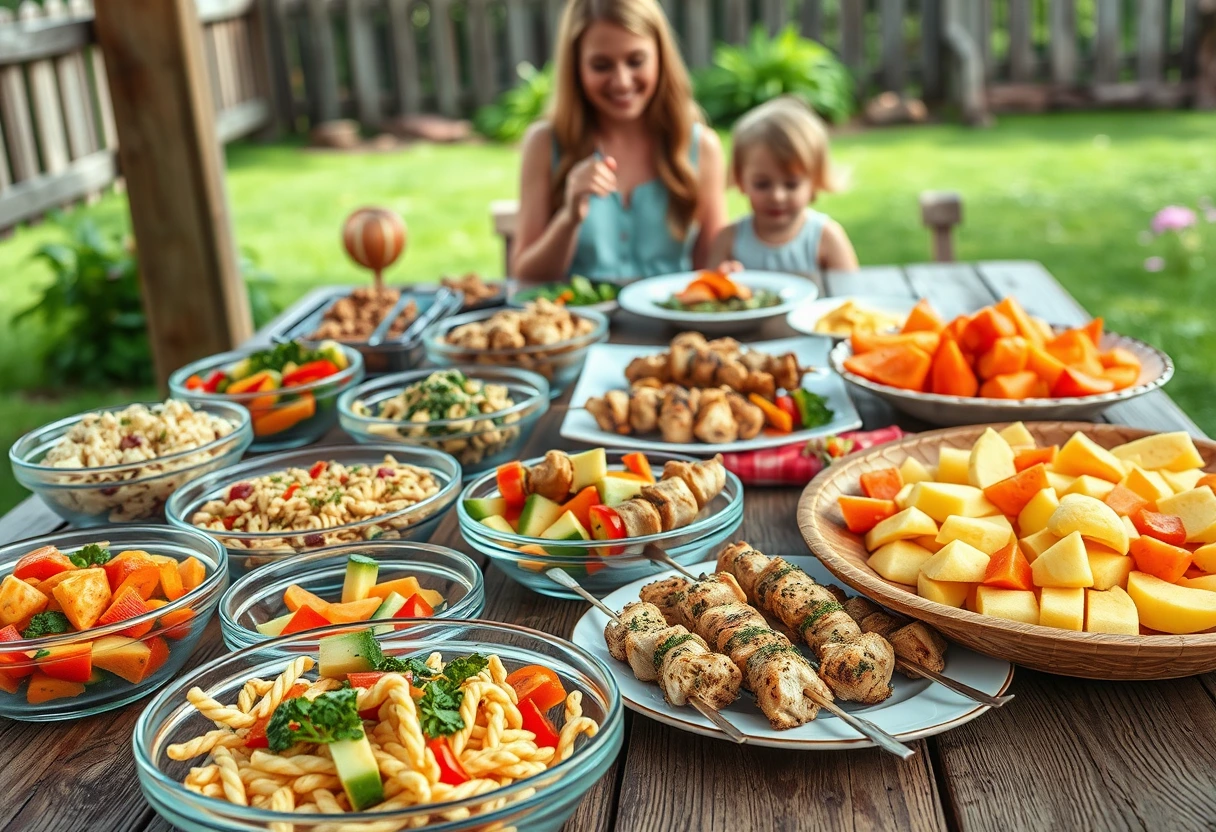 A family enjoying easy outdoor meals that make family BBQs a breeze, with pre-prepped food laid out on a picnic table and kids playing in the background.
