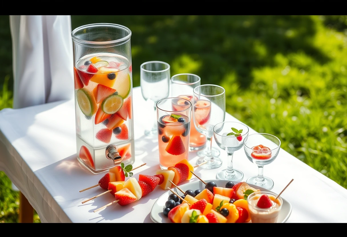 A selection of refreshing drinks and pre-made desserts, like fruit skewers and ice pops, demonstrating how easy outdoor meals can make family BBQs a breeze.