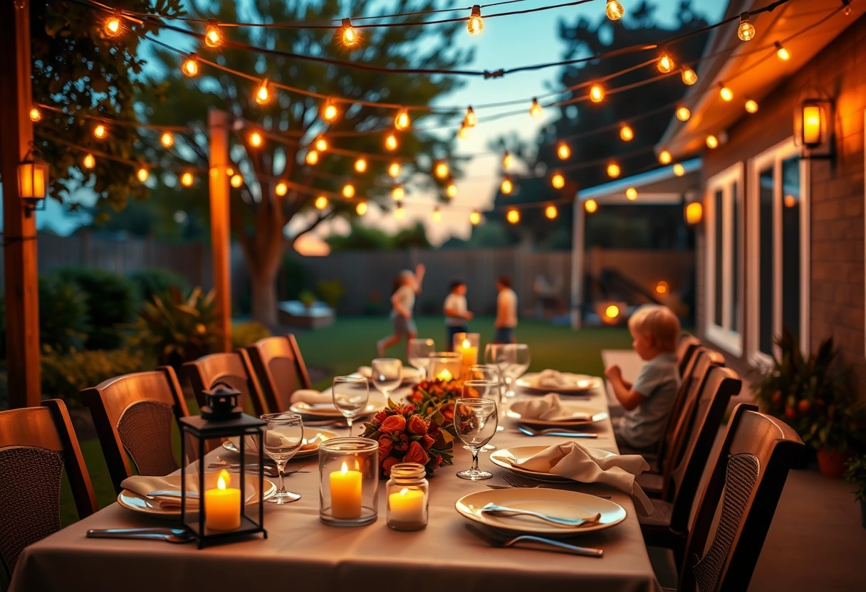 A beautifully set outdoor table with string lights and citronella candles, demonstrating how easy outdoor meals can create a serene family BBQ atmosphere.