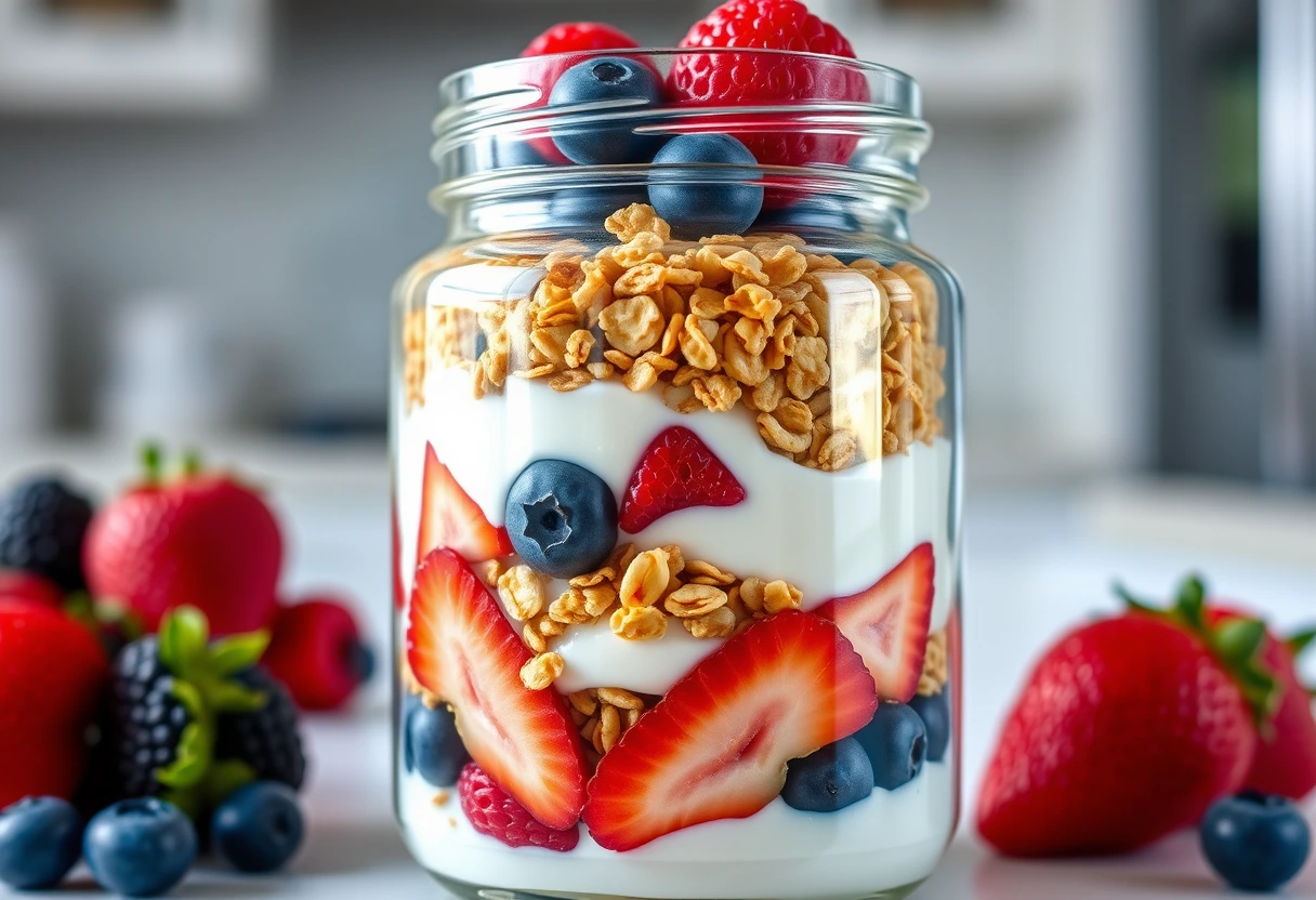 A vibrant breakfast parfait layered with yogurt, granola, and fresh berries in a portable jar, representing easy portable breakfasts perfect for busy moms.