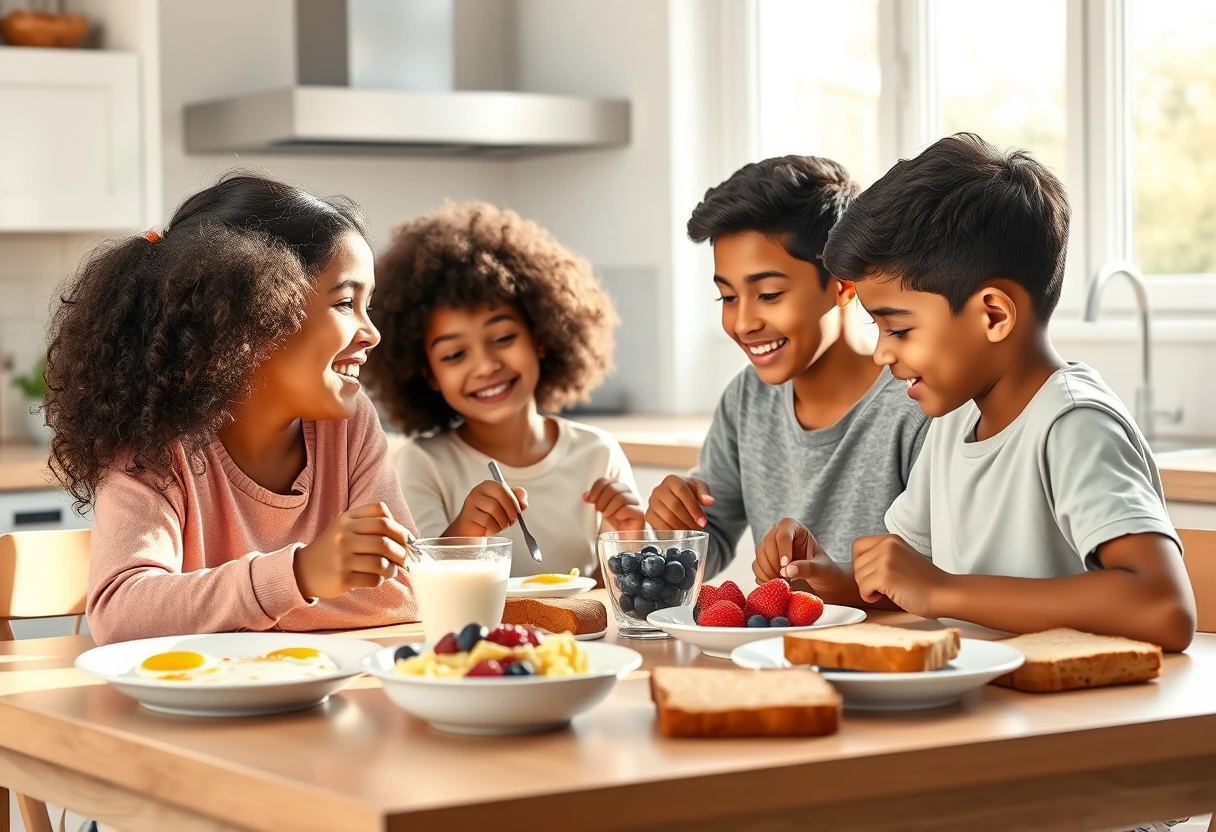 A family enjoying easy protein breakfasts the whole family will love together at a bright kitchen table, featuring a mix of eggs, yogurt, and fruit. 