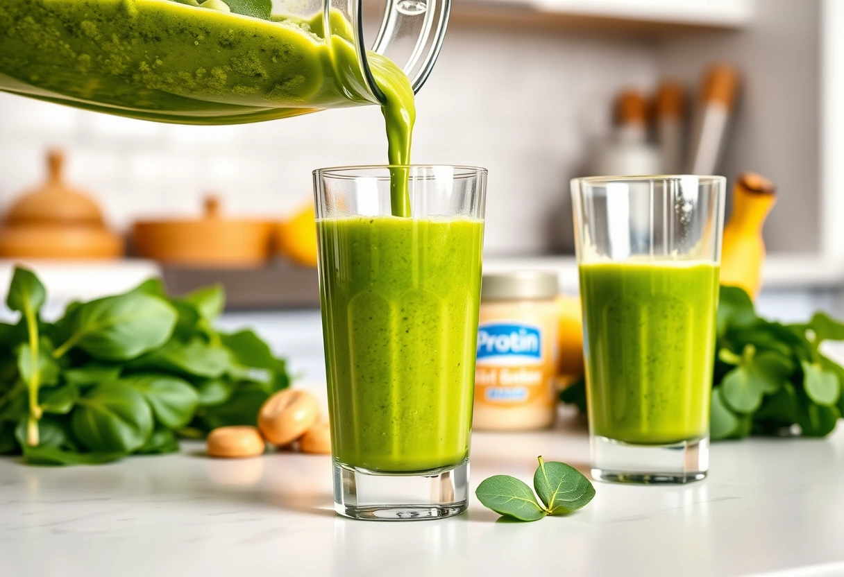 A vibrant green smoothie, made with a blend of spinach, banana, and protein powder, is being poured into glasses, ready for a healthy morning. 