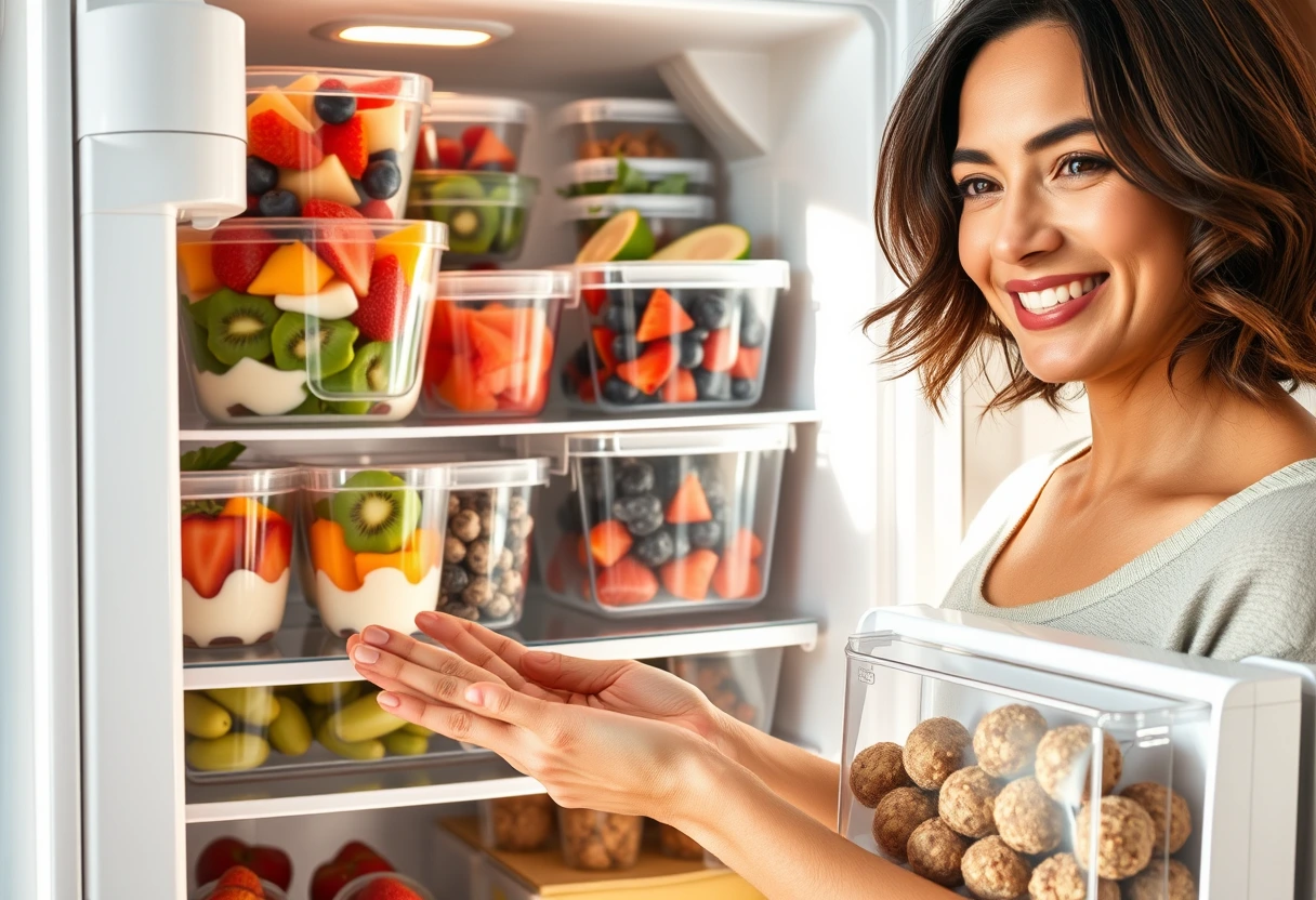 A busy mom smiling while grabbing a healthy pre-made snack from her fridge, embodying easy treats for moms on the go.
