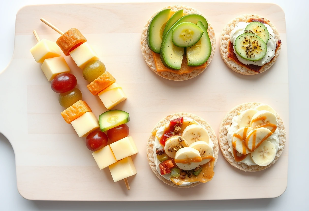 A variety of colorful fruit-based easy treats for busy moms, including frozen banana 'nice' cream and apple slices with nut butter, on a rustic wooden table.