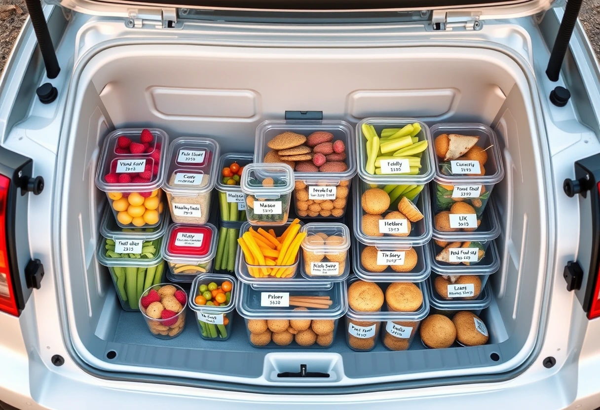 A well-organized cooler filled with pre-packed, clearly labeled containers of healthy travel snacks and kid-friendly vacation meals, ready for camping or a long road trip food prep adventure.