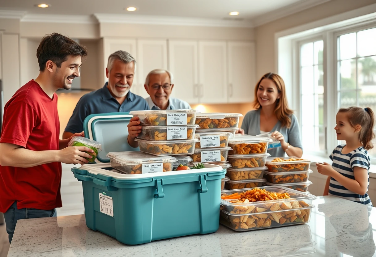 A family excitedly unloading groceries and pre-cooked meals from a cooler into a spacious vacation rental kitchen, ready for easy family vacation meals.