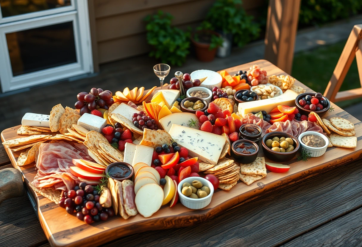 A vibrant, overflowing charcuterie board with various cheeses, meats, crackers, and fruits, perfect for easy vacation meals for a large group.