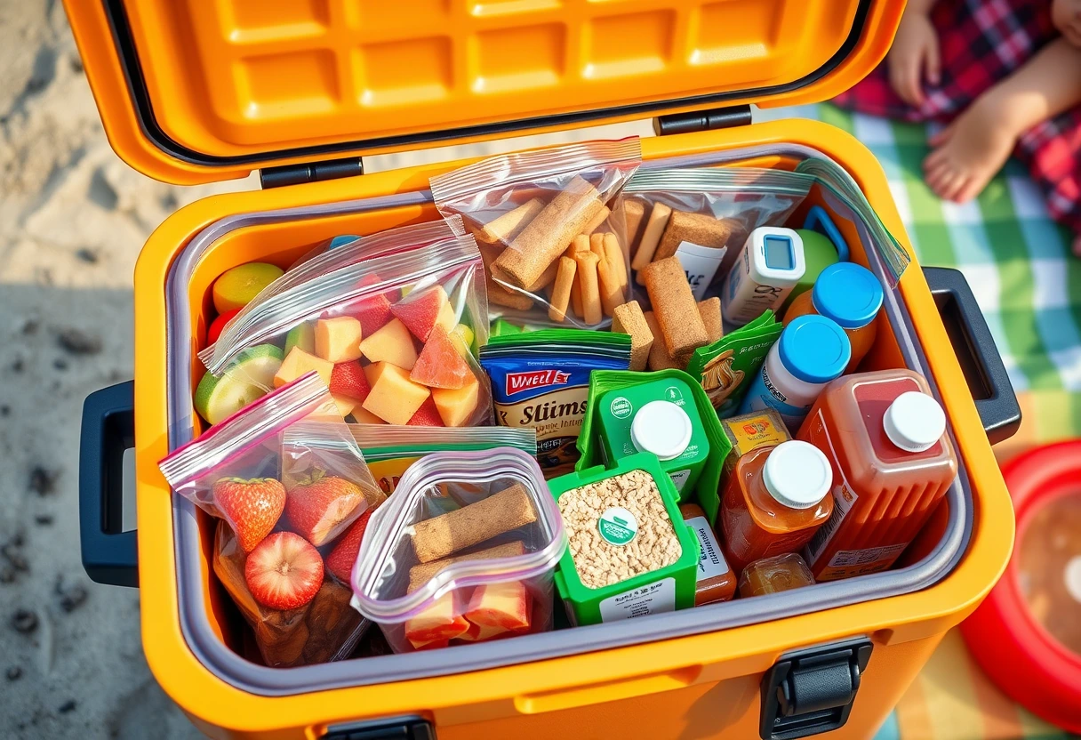 A brightly colored cooler filled with pre-packed individual snack bags and reusable containers of fruit, perfect for easy vacation meals and snacks.