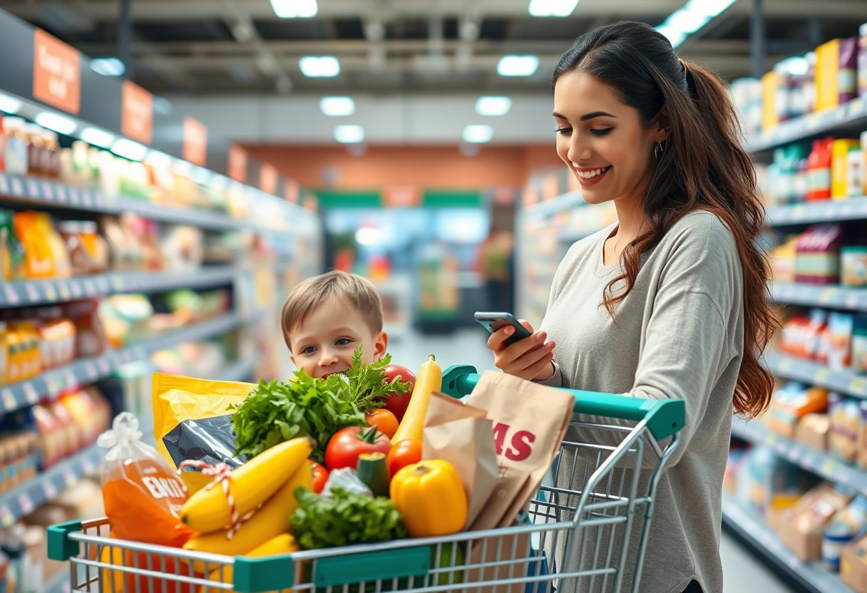 A busy mom pushing a grocery cart filled with fresh produce, organized ingredients, and a child happily sitting in the cart, symbolizing efficient grocery shopping for busy mothers. The mom is smiling, reflecting the ease of her streamlined shopping experience for creating effortless meals.