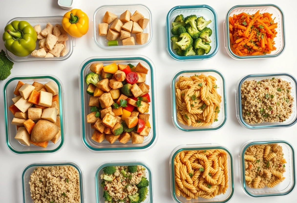 An overhead shot of various meal prep containers filled with healthy, colorful, and pre-portioned meals, arranged neatly on a kitchen counter. The scene conveys organization and readiness, symbolizing smart batch cooking for busy mothers to create effortless meals.