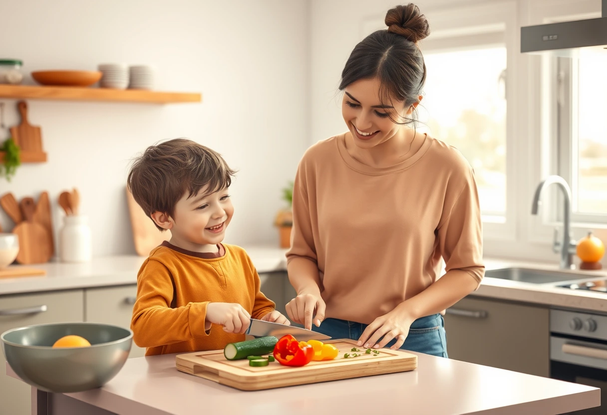 A mom and her child in a bright, modern kitchen, laughing as they chop vegetables together. The child is safely using a kid-friendly knife, showing engagement in meal preparation. The scene captures the joy of family collaboration for making effortless meals for busy mothers.