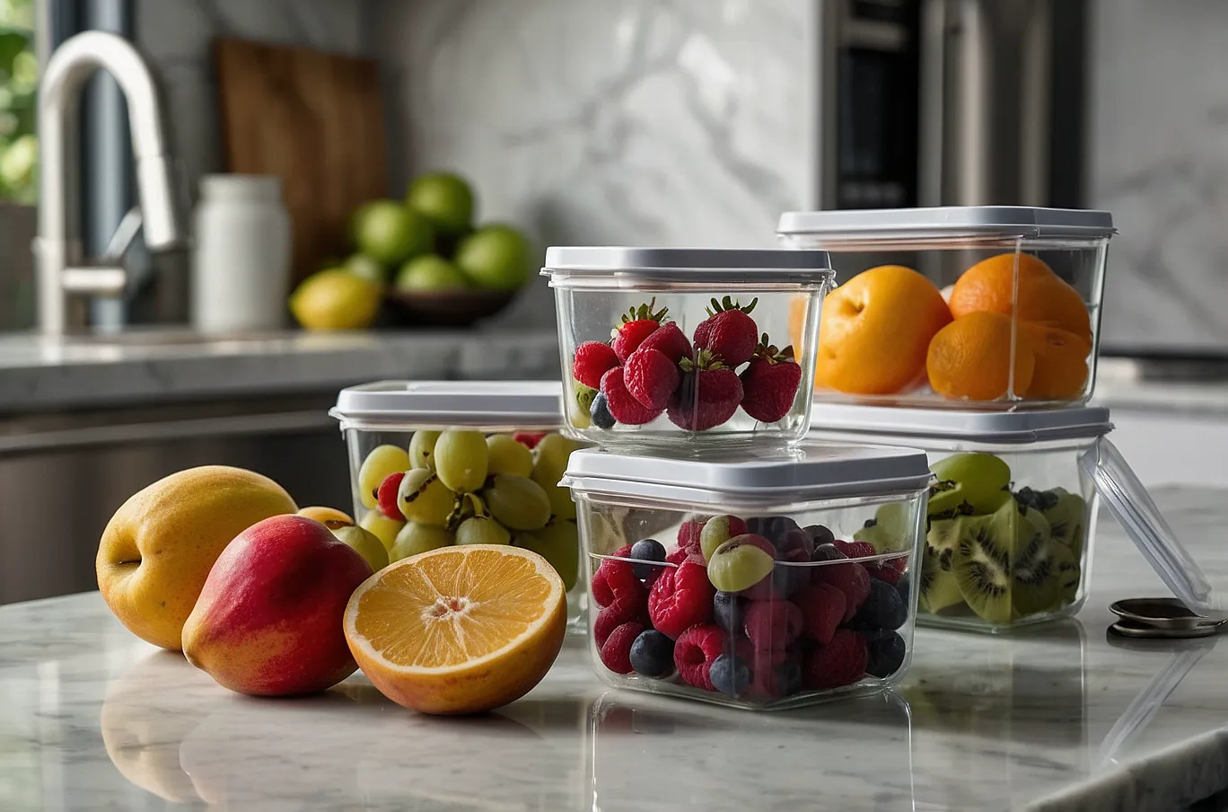 Food containers filled with a variety of different foods, ready to eat or reheat.