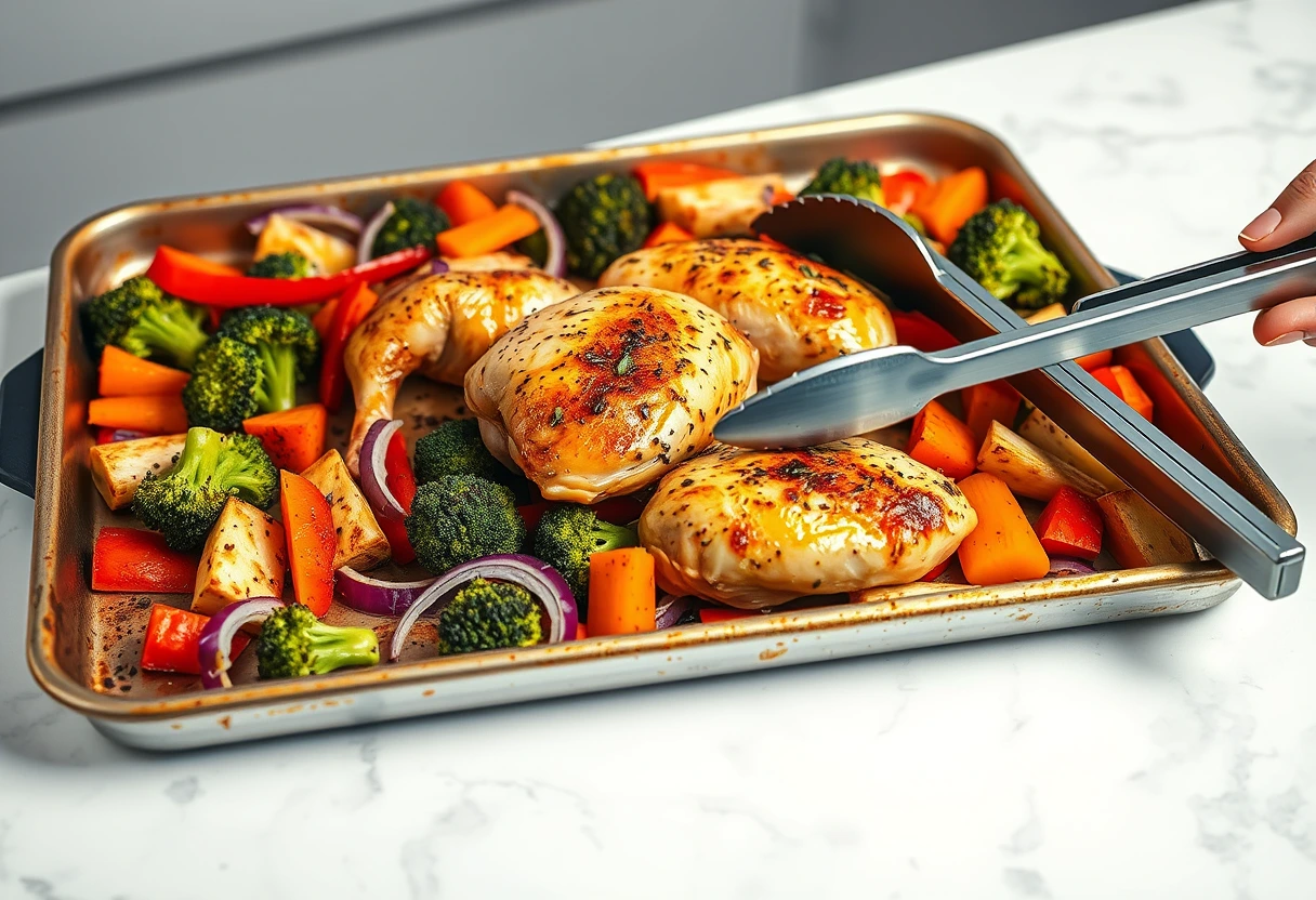 A vibrant, well-lit sheet pan dinner featuring roasted chicken and colorful vegetables, perfectly cooked and ready to serve. This easy-to-prepare meal embodies the essence of family favorites every busy mom should include for efficient cooking.