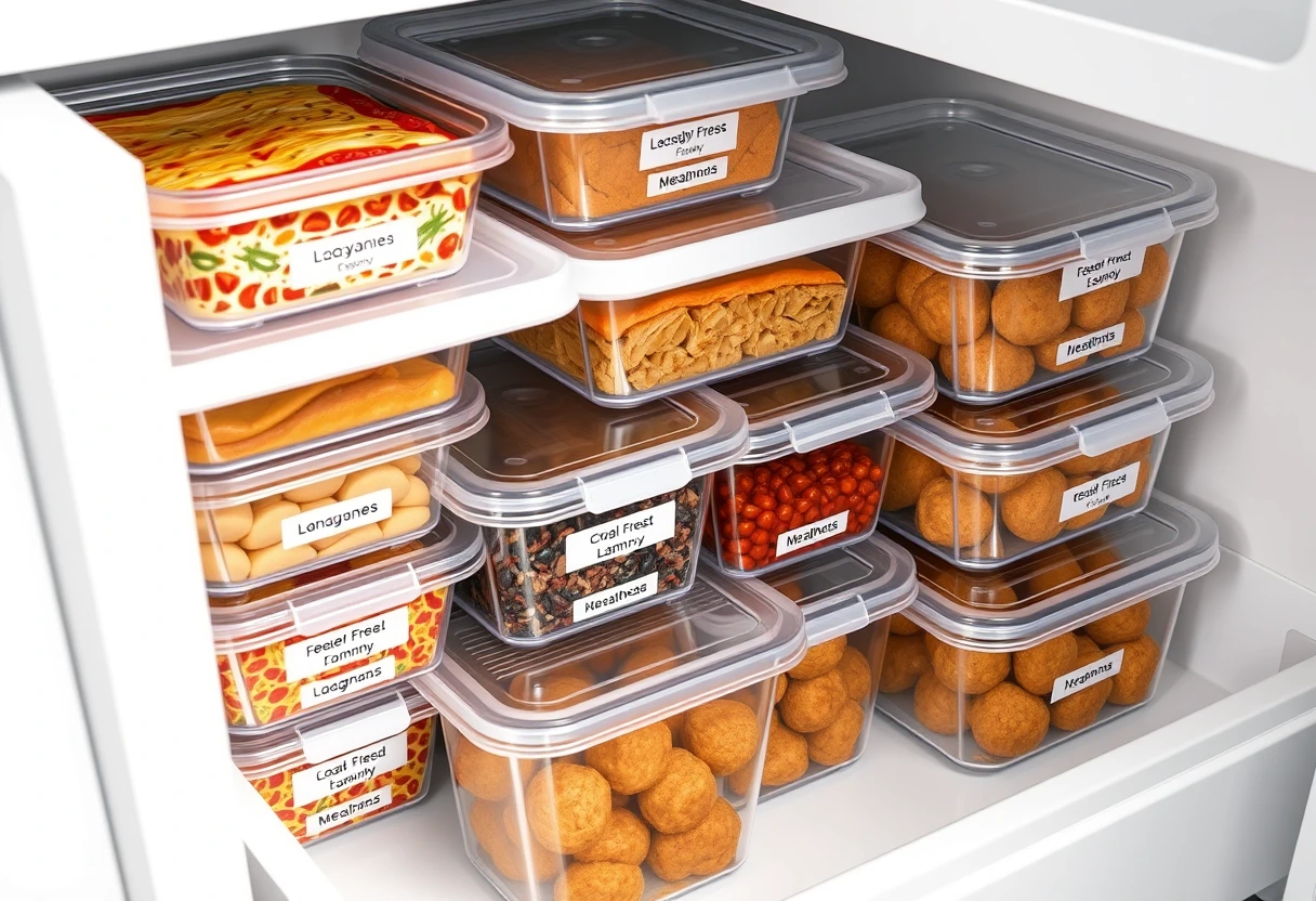 A neatly organized freezer drawer filled with labeled, ready-to-heat meal prep containers, showcasing a variety of family favorites every busy mom should include. Each container promises a convenient, healthy dinner solution.